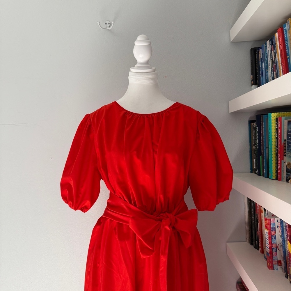LDT Red Dress Connie Front Tie Short Sleeve Blouson Midi Dress 12 - Picture 5 of 16